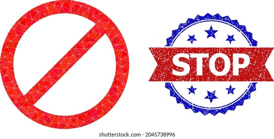 Lowpoly stop polygonal symbol illustration, and grunge bicolor rosette stamp imprint, in red and blue colors. Collage stop is composed with randomized filled triangles.