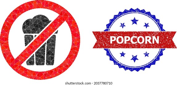 Lowpoly stop popcorn polygonal icon illustration, and grunge bicolor rosette seal stamp, in red and blue colors. Collage stop popcorn is composed from random colored triangles.