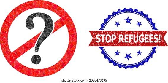 Lowpoly stop questions polygonal icon illustration, and grunge bicolor rosette seal stamp, in red and blue colors. Mosaic stop questions is formed with chaotic color triangles.