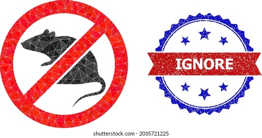 Low-poly stop rat polygonal symbol illustration, and grunge bicolor rosette seal stamp, in red and blue colors. Collage stop rat formed of random colored triangles.