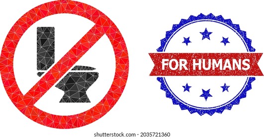 Low-poly stop toilet polygonal 2d illustration, and grunge bicolor rosette seal, in red and blue colors. Collage stop toilet formed of randomized color triangles.