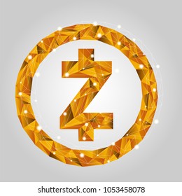 Low-poly style. Vector symbol of Crypto currency. Yellow glowing zcash