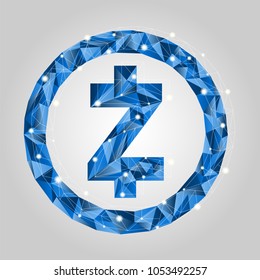 Low-poly style. Vector symbol of Crypto currency. Blue zcash with glow