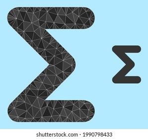 lowpoly sum icon on a light blue background. Polygonal sum vector is combined of chaotic triangles. Triangulated sum polygonal icon illustration.