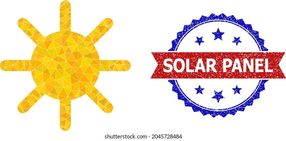 Ilustración de símbolo poligonal con rayos solares bajos y sello de sellado rosette bicolor granulado, en colores rojo y azul. Rayos solares mosaicos compuestos de triángulos rellenos al azar.