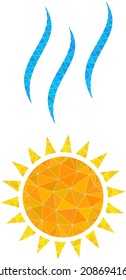 Low-poly sun warm icon illustration is designed with scattered filled triangles. Triangle sun warm polygonal 2d vector illustration. Sun Warm icon is filled with triangles.