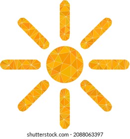 Low-poly sunshine icon illustration is combined with chaotic filled triangles. Triangle sunshine polygonal 2d vector illustration. Sunshine icon is filled with triangles.