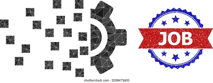 Low-Poly-Synthese-Ausrüstung, polygonal 2d Illustration, und farbige Schmutzrosette-Stempel in Rot und Blau. Mosaiksynthese-Fanggerät aus chaotischen, gefärbten Dreiecken.