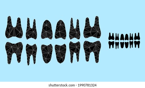 lowpoly teeth jaw icon on a light blue background. Polygonal teeth jaw vector is constructed with chaotic triangles. Triangulated teeth jaw polygonal icon illustration.