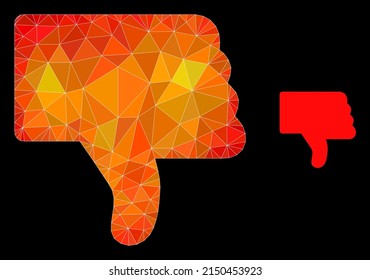 Low-poly thumb down icon with fire vibrant gradient. Triangulated fire colored thumb down polygonal icon illustration. Polygonal thumb down vector constructed of chaotic vibrant triangles.