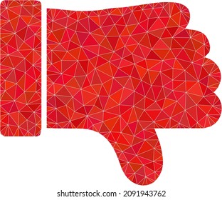 Low-poly thumb down icon illustration is constructed with randomized filled triangles. Triangle thumb down polygonal 2d vector illustration. Thumb Down icon is filled with triangles.