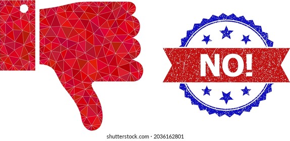 Lowpoly thumb down polygonal symbol illustration, and grunge bicolor rosette stamp imprint, in red and blue colors. Collage thumb down created with randomized filled triangles.