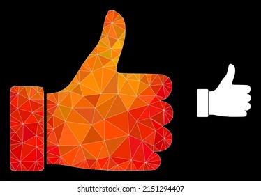 Icono de empuje hacia arriba con gradiente vibrante de llama. El pulgar vibrante de llama triangulado hacia arriba de la ilustración de icono poligonal. El vector de empuje poligonal hacia arriba está construido con triángulos vibrantes caóticos.