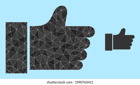lowpoly thumb up icon on a light blue background. Polygonal thumb up vector filled of scattered triangles. Triangulated thumb up polygonal 2d illustration.
