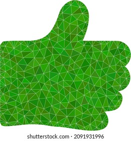 Low-poly thumb like icon illustration is constructed of chaotic filled triangles. Triangle thumb like polygonal icon vector illustration. Thumb Like icon is filled with triangles.