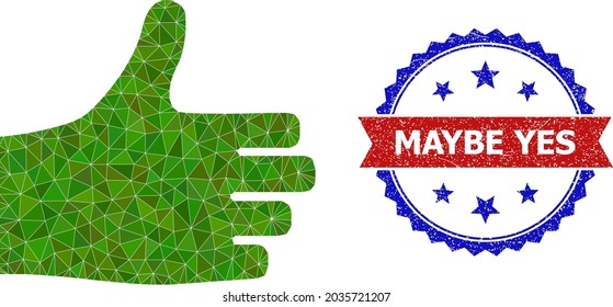 Low-poly thumb up polygonal symbol illustration, and grunge bicolor rosette seal stamp, in red and blue colors. Mosaic thumb up is designed with chaotic filled triangles.