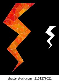 Low-poly thunder crack icon with fire colored gradient. Triangulated fire colored thunder crack polygonal 2d illustration. Polygonal thunder crack vector is combined of randomized colored triangles.