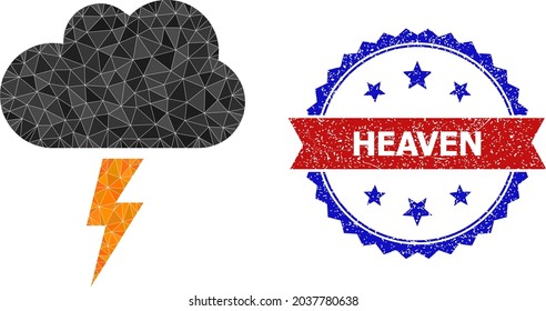 Low-poly thunderstorm cloud polygonal symbol illustration, and grunge bicolor rosette seal, in red and blue colors. Mosaic thunderstorm cloud is designed with random color triangles.