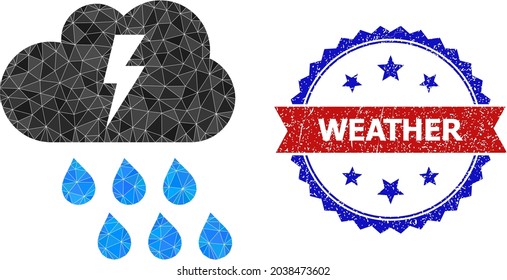 Ilustración de símbolo poligonal con tormenta de arena baja y sello de rosette bicolor de grano, en colores rojo y azul. Tormenta eléctrica de collage creada a partir de triángulos de colores aleatorios.