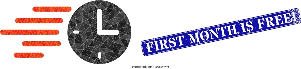 Low-poly time movement constructed with randomized filled triangles, and grunge First Month Is Free stamp.