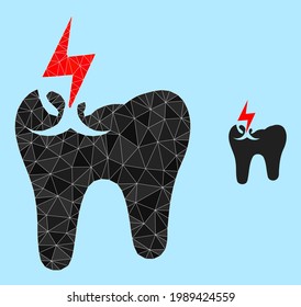 Low-poly tooth crash icon on a light blue background. Polygonal tooth crash vector is designed of chaotic triangles. Triangulated tooth crash polygonal icon illustration.