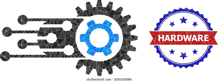 Low-poly transition gears polygonal symbol illustration, and grunge bicolor rosette seal stamp, in red and blue colors. Mosaic transition gears is designed of chaotic filled triangles.