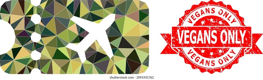 Low-Poly triangulated air ticket military camouflage icon illustration, and Vegans Only textured seal print. Red seal includes Vegans Only title inside ribbon.