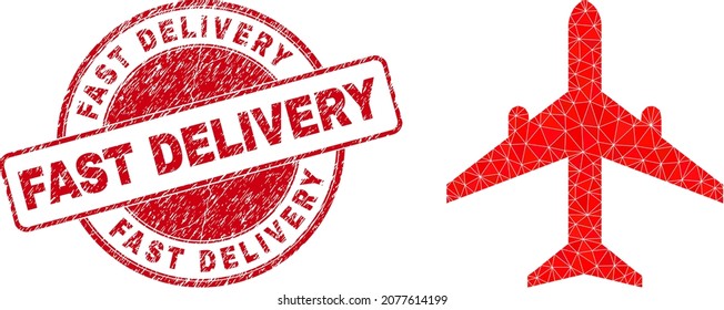 Lowpoly triangulated airplane symbol illustration, and Fast Delivery grunge stamp seal. Red stamp seal has Fast Delivery tag inside round it. Airplane icon is filled using triangle mosaic.