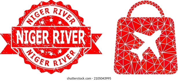 Lowpoly triangulated airport shopping 2d illustration, and Niger River dirty stamp seal. Red stamp seal contains Niger River tag inside ribbon.