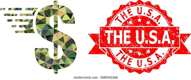 Low-Poly triangulated american dollar military camouflage symbol illustration, and The U.S.A. scratched stamp. Red stamp contains The U.S.A. caption inside ribbon.