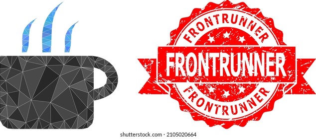 Lowpoly triangulated aroma cup icon illustration, and Frontrunner rubber stamp seal. Red stamp seal contains Frontrunner tag inside ribbon. Vector aroma cup icon is filled with triangles.