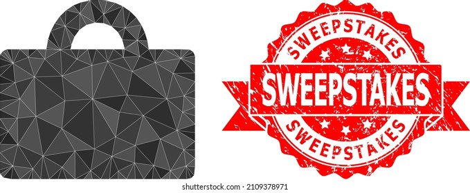 Low-Poly Triangulated Baggage Icon Illustration, And Sweepstakes Dirty Watermark. Red Stamp Seal Has Sweepstakes Caption Inside Ribbon. Vector Baggage Icon Is Filled With Triangle Mosaic.