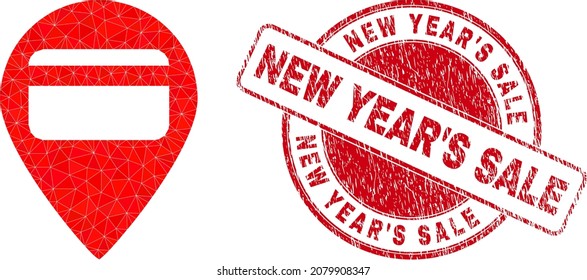 Low-Poly triangulated bank card pointer icon illustration, and New Year'S Sale scratched stamp seal. Red stamp includes New Year'S Sale caption inside round shape.