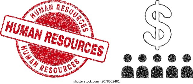Low-Poly triangulated bank clients icon illustration with Human Resources rubber watermark. Red stamp seal has Human Resources title inside circle it. Bank clients icon filled using triangles.