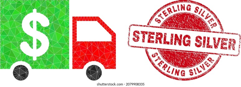 Low-Poly triangulated banking delivery icon illustration with Sterling Silver rubber watermark. Red stamp seal contains Sterling Silver tag inside circle it.