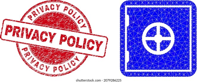 Ilustración de icono de caja fuerte de la banca triangulada Lowpoly con marca de agua texturizada de PRIVACY POLICY. El sello rojo tiene la etiqueta de la Política de privacidad dentro del formulario de círculo. El icono de la banca segura está lleno de triángulos.