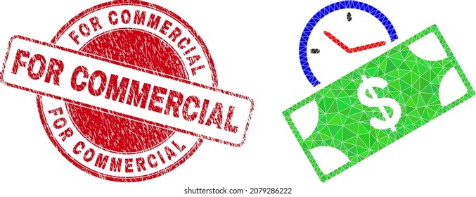 Low-Poly triangulated banknote credit time icon illustration with FOR COMMERCIAL corroded stamp seal. Red stamp seal has For Commercial title inside round shape.
