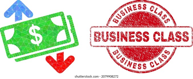 Lowpoly triangulated banknotes exchange arrows icon illustration with Business Class corroded seal imitation. Red seal contains Business Class tag inside round shape.