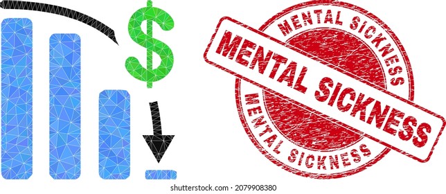 Low-Poly triangulated bankruptcy bar chart 2d illustration with Mental Sickness rubber stamp. Red stamp seal contains Mental Sickness tag inside round form.