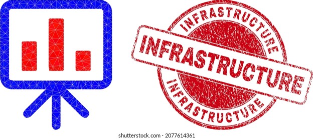 Low-Poly triangulated bar chart presentation symbol illustration with Infrastructure grunge seal. Red seal includes Infrastructure title inside round form.