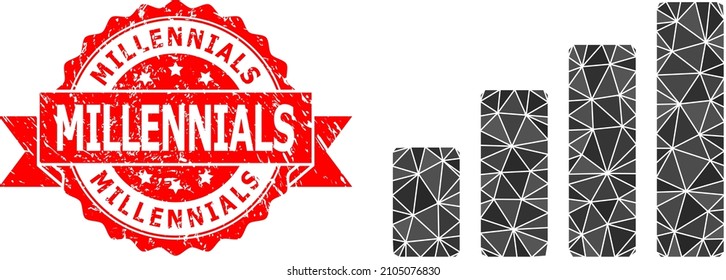 Low-Poly triangulated bar chart symbol illustration, and Millennials unclean seal imitation. Red seal includes Millennials caption inside ribbon. Vector bar chart icon is filled using triangles.