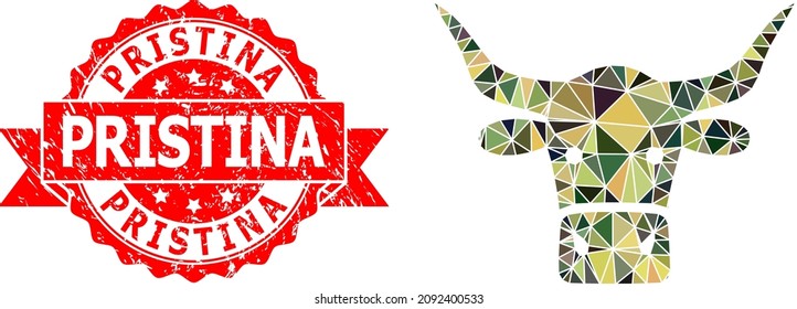 Lowpoly triangulated beef head military camouflage icon illustration, and Pristina dirty stamp seal. Red stamp seal has Pristina caption inside ribbon.