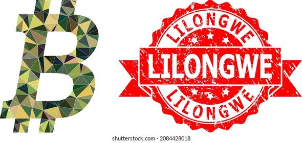 Low-Poly triangulated bitcoin military camouflage 2d illustration, and Lilongwe textured seal. Red seal includes Lilongwe title inside ribbon. Vector bitcoin icon filled using camo triangle mosaic.