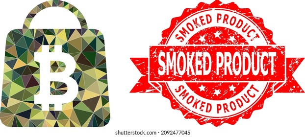 Low-Poly triangulated bitcoin shopping bag military camouflage icon illustration, and Smoked Product scratched stamp seal. Red stamp includes Smoked Product text inside ribbon.