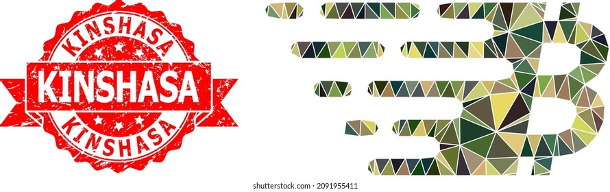 Low-Poly triangulated bitcoin symbol military camouflage icon illustration, and Kinshasa scratched watermark. Red seal includes Kinshasa tag inside ribbon.