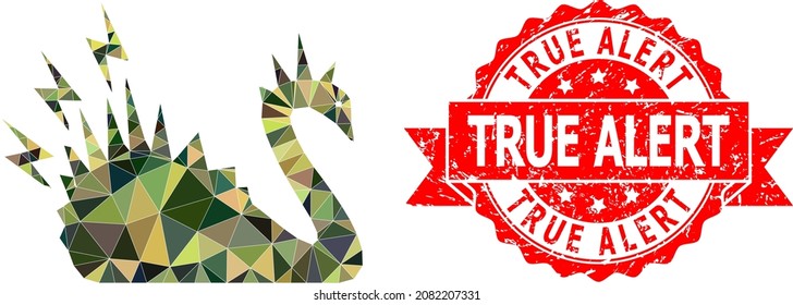 Low-Poly triangulated black danger swan military camouflage symbol illustration, and True Alert dirty seal print. Red stamp seal includes True Alert caption inside ribbon.