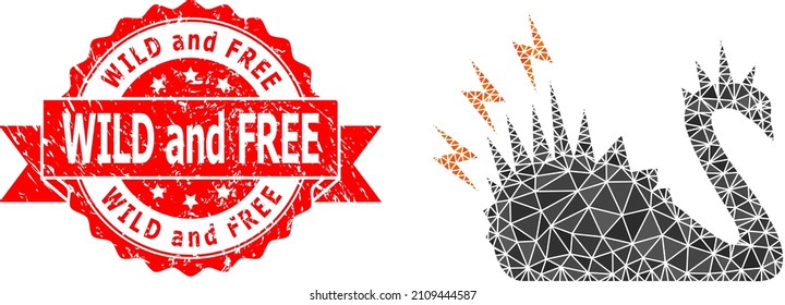 Low-Poly triangulated black danger swan 2d illustration, and Wild and Free corroded seal imitation. Red stamp seal contains Wild and Free title inside ribbon.