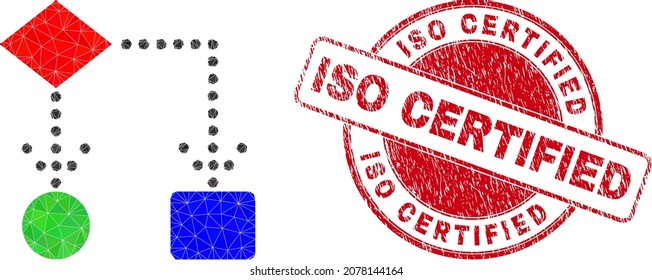 Lowpoly triangulated block diagram symbol illustration, and ISO Certified scratched watermark. Red stamp seal has ISO Certified title inside circle it. Block diagram icon filled with triangles.