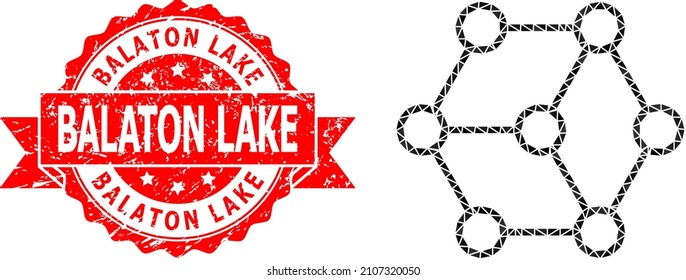 Low-Poly triangulated blockchain nodes 2d illustration, and Balaton Lake unclean seal. Red seal includes Balaton Lake text inside ribbon. Vector blockchain nodes icon is filled with triangles.