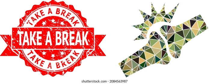 Low-Poly triangulated bone joint fracture military camouflage 2d illustration, and Take a Break dirty stamp. Red stamp contains Take a Break caption inside ribbon.